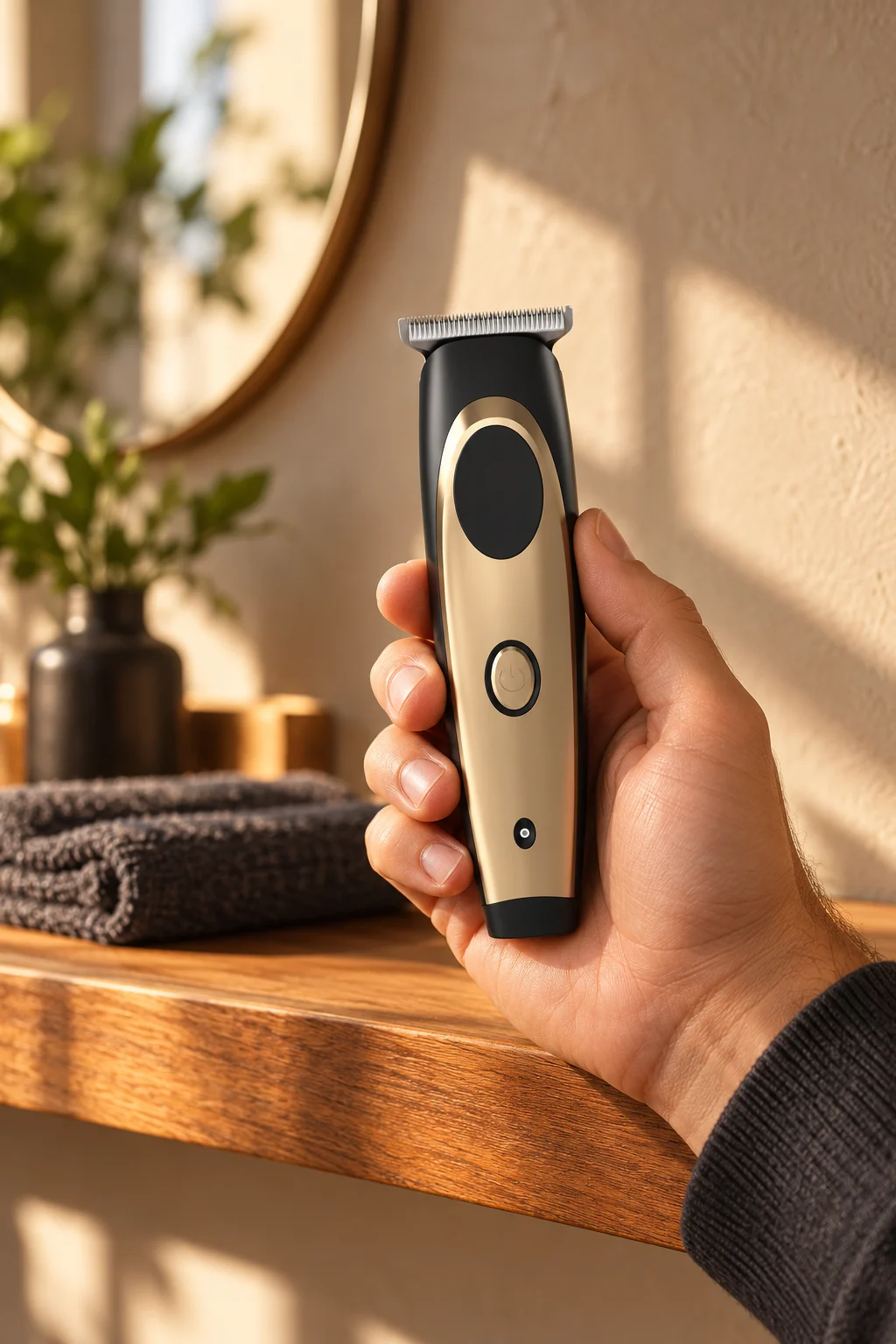 Hand holding the YP-7220 beard trimmer beside a grooming-studio shelf