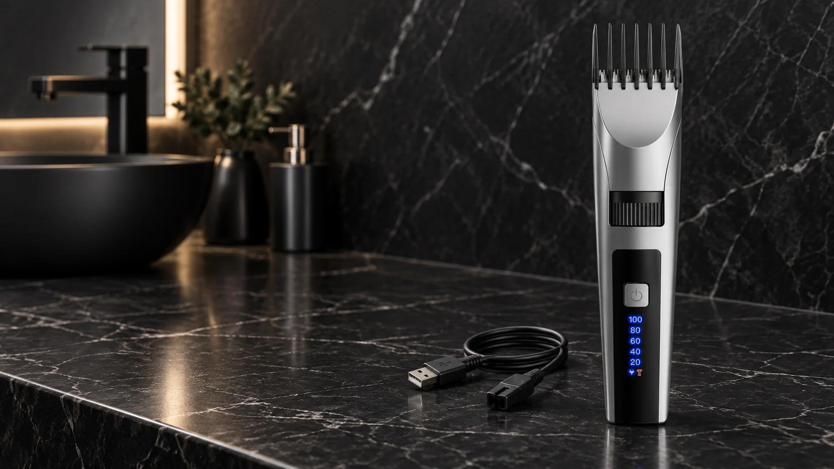 YP-7502 home hair clipper on a dry black marble counter with a USB cable nearby