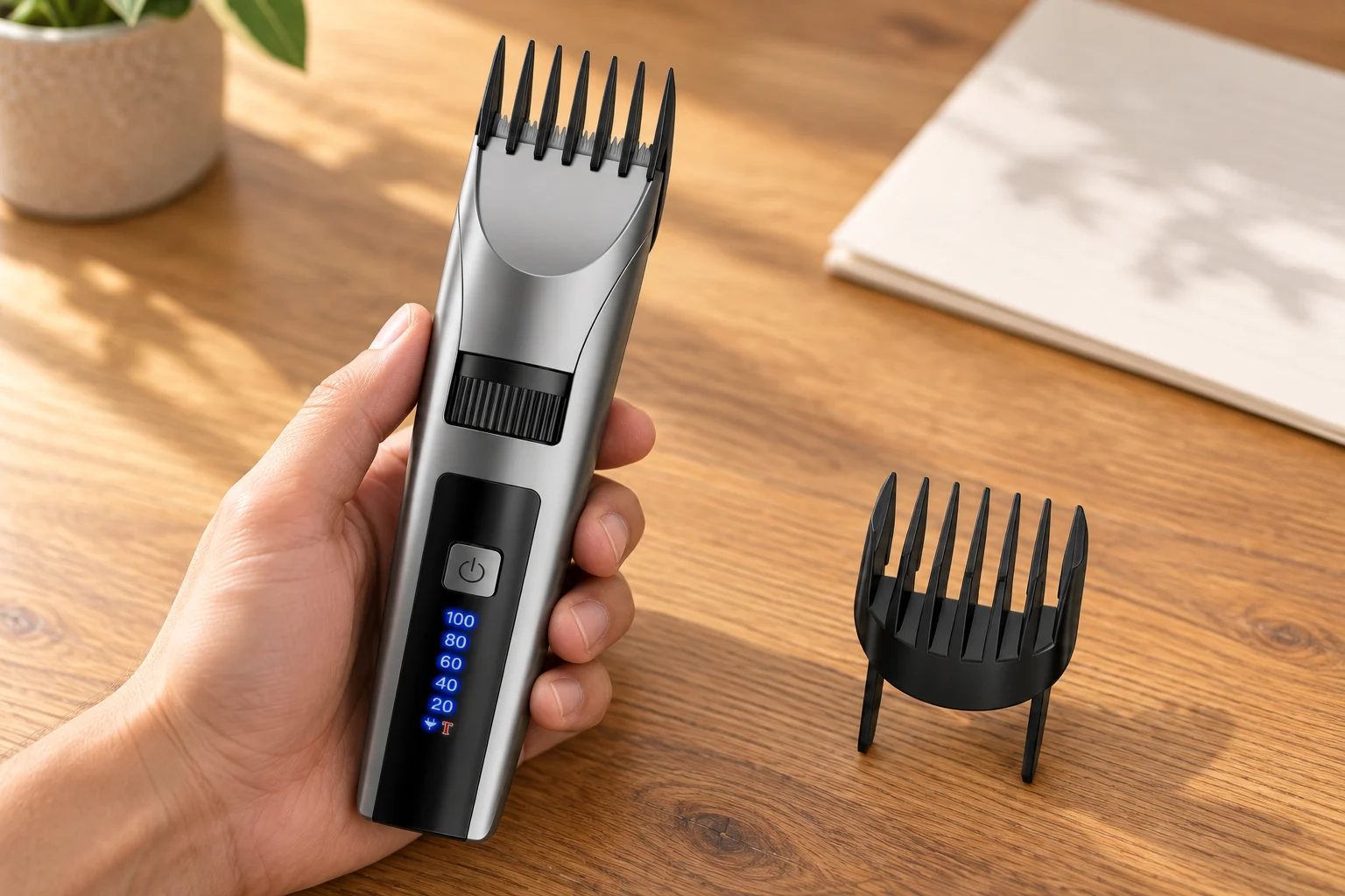 A home hair clipper held above a warm wood desk with an adjustable guide guard