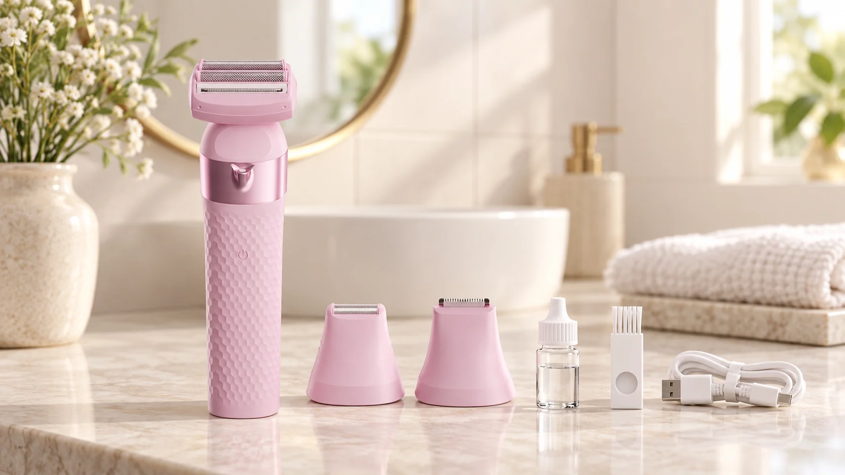 Pink YH-3301 lady shaver with its supplied heads and accessories in a bathroom setting