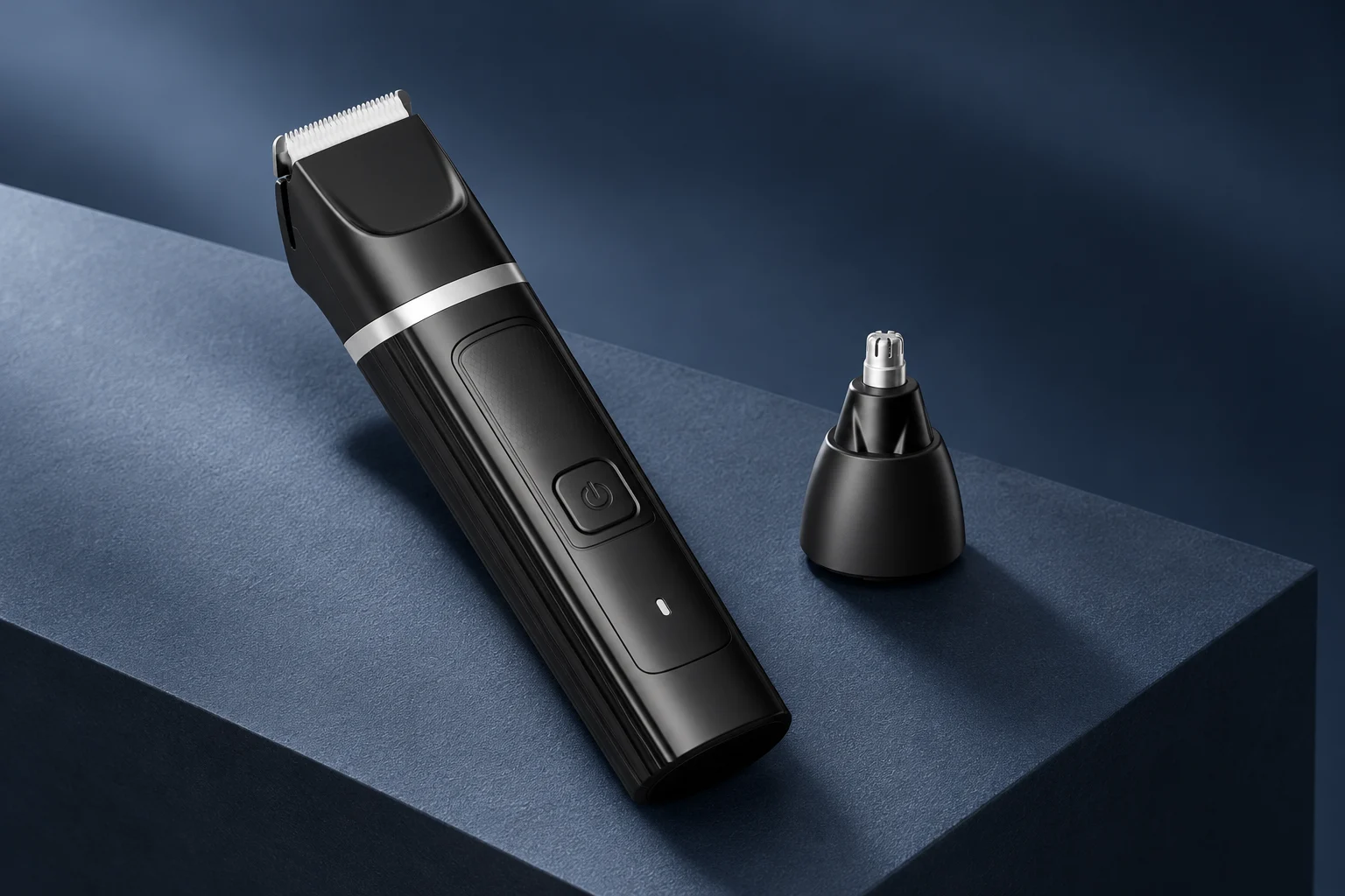 YH-7708 grooming device with its hair-trimmer head and a separate nose-and-ear head on a blue studio surface