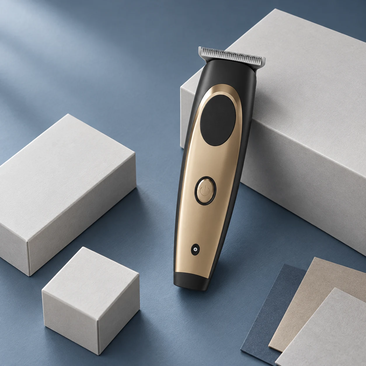 YP-7220 trimmer beside blank packaging mockups on a blue-gray planning surface