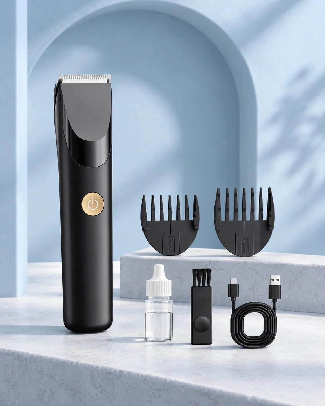 YH-7262 body trimmer with guide combs and care accessories in a blue studio setting