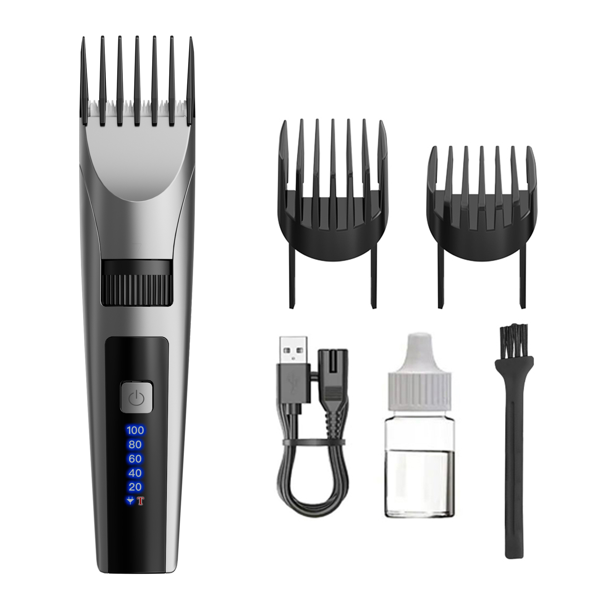 YP-7502 hair clipper shown with two guide guards, cable, oil bottle and cleaning brush